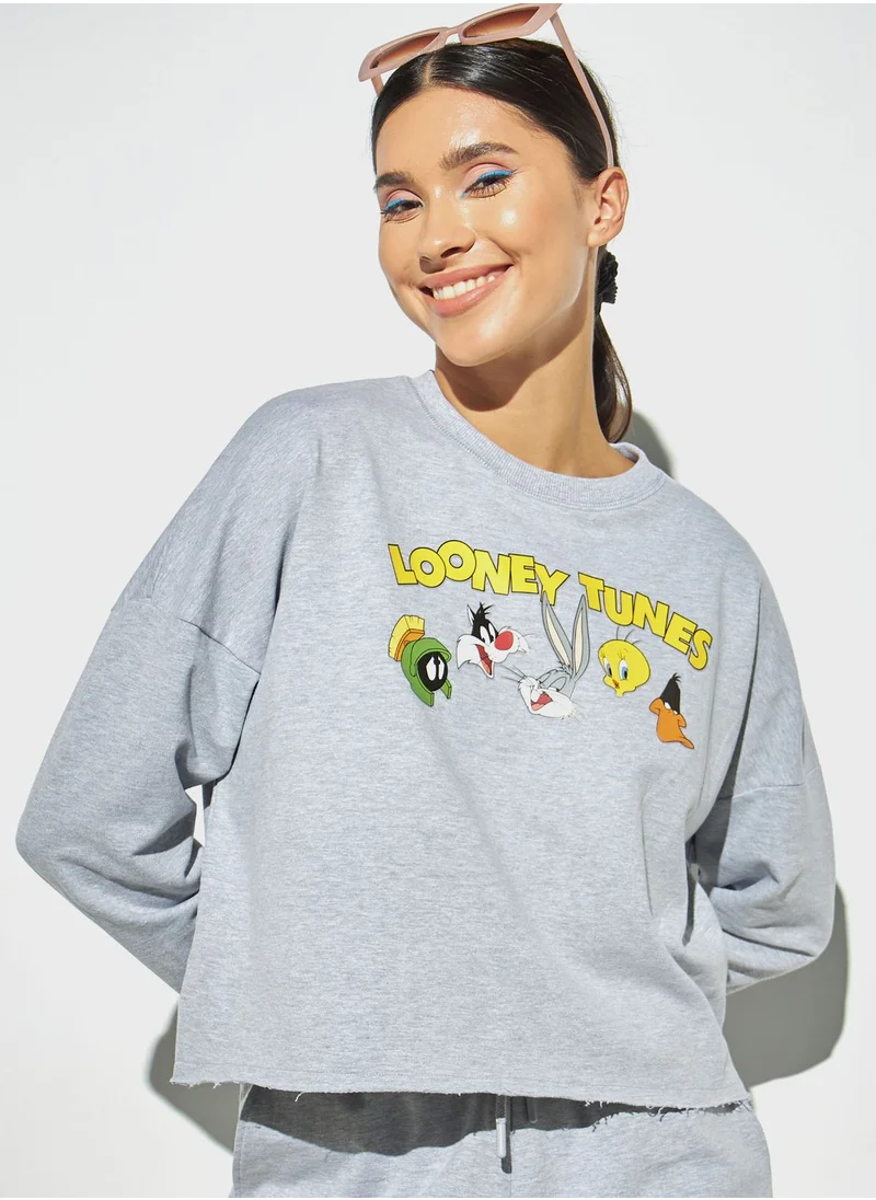 SP Characters Printed Crew Neck Crop Sweatshirt