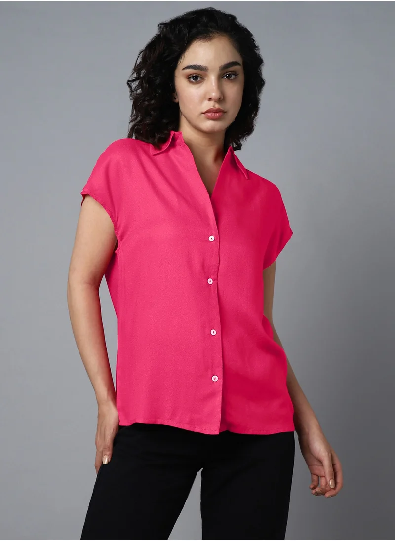 هاي ستار Spread Collar Extended Sleeves Classic Opaque Casual Shirt for Women