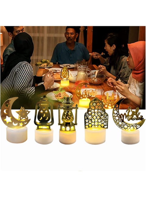 5PCS Ramadan Lights Decorations for Home Ramadan Mini Lantern Lights Decoration Golden Moon Star Mosque LED Candle Light for Eid Mubarak Party Decor Muslim Islam Festival Table Ornaments