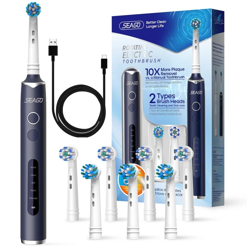 سيجو فرشاة أسنان كهربائية Seago Rotating Electric Rechargeable Toothbrush Teeth Cleaning with 8 Brush Heads 5 Modes Portable Smart Timer - Image 1