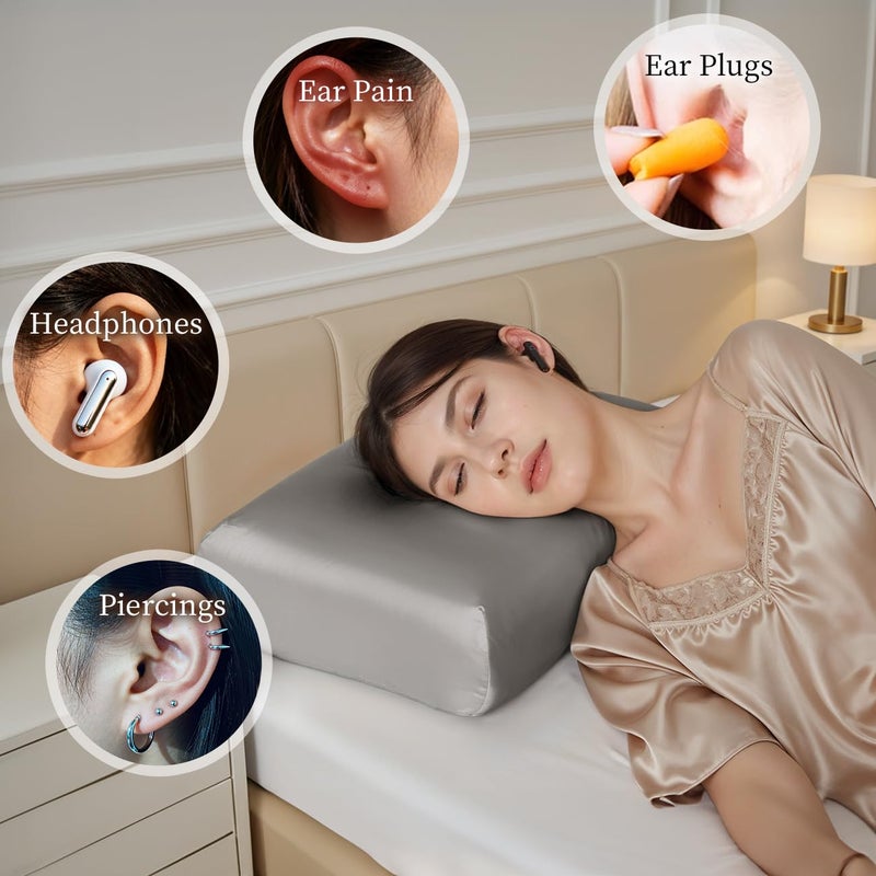 USlixury Piercing Pillow - Ear Piercing Pillow with Foam Plug, 18x12 Large Donut Plilow with 4.7x3.2 Off Center Ear Hole, Adjustable Peircing Plilow for Side Sleeper, CertiPUR-US Memory Foam, Grey - Image 2