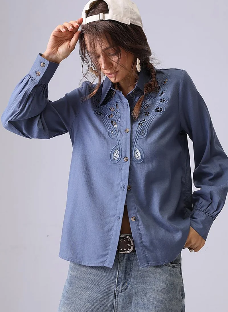 يونيكي Blue Spread Collar Regular Sleeves Regular Fit Shirt