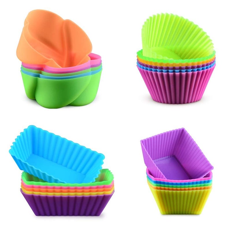 CAKETIME Silicone Baking Cups Cupcake Liners - 24 Pcs Reusable Silicone Molds Including Round, Rectanguar, Square, Flower Food Grade Silicone - Image 1