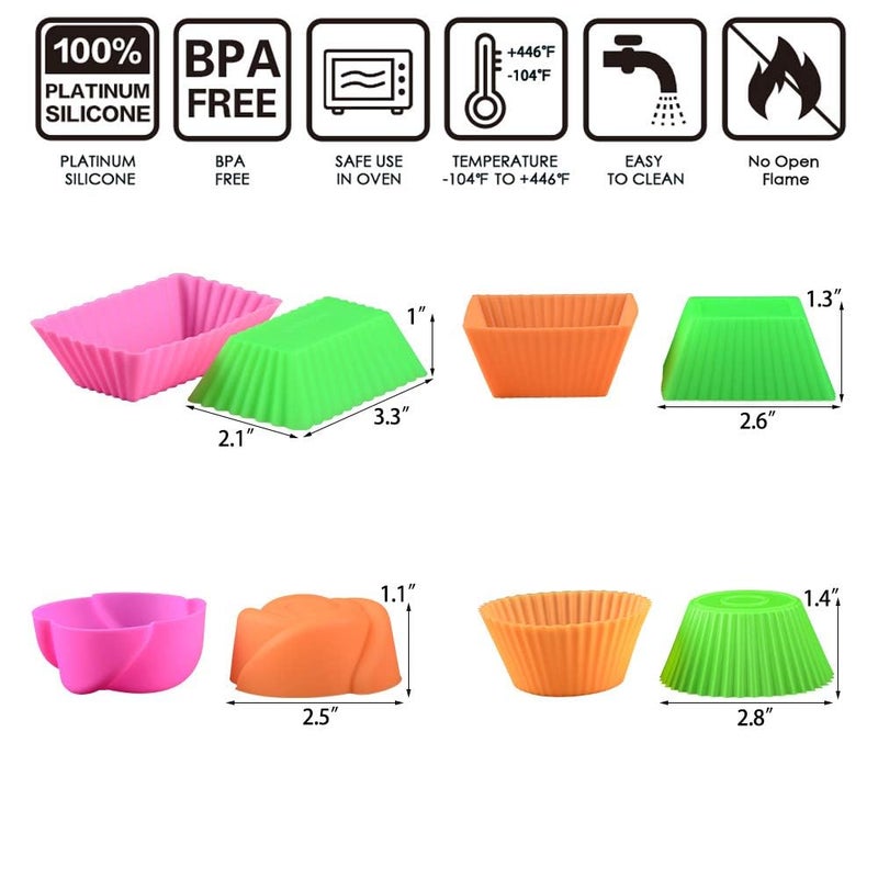 CAKETIME Silicone Baking Cups Cupcake Liners - 24 Pcs Reusable Silicone Molds Including Round, Rectanguar, Square, Flower Food Grade Silicone - Image 2