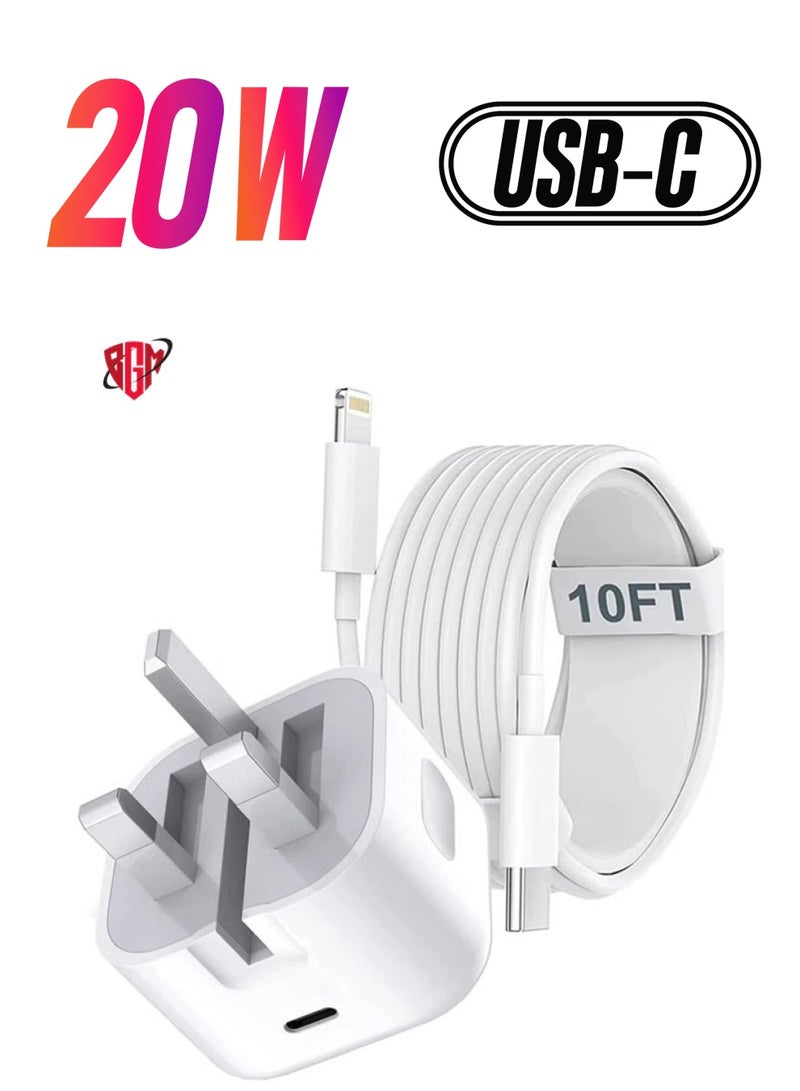 BGM iPhone Fast Charger Plug & Cable 10FT, [Apple MFi Certified] iPhone 20W USB C USB C Charger Power Adapter w/ USB C to Lightning Cable iPhone 13/12/SE/11/XS/XR/X/8, iPad, AirPod, White  - Image 1