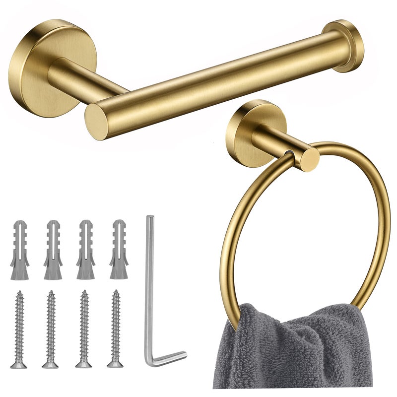 Kwanicas Gold Toilet Paper Holder Towel Ring Set 2 Pieces Hand Towel Holder for Bathroom Hardware Accessories Set SUS304 Stainless Steel Sturdy Wall Mount Bathroom Holder 