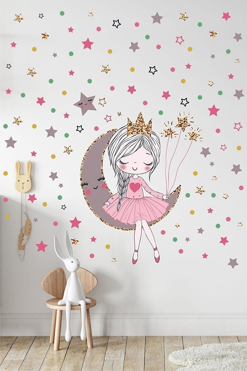 Kt Grup Kt Group Cute Girl Sitting on the Moon and 150 Pieces of Stars and Polka Dots Kids Room Mega Wall Sticker Set 