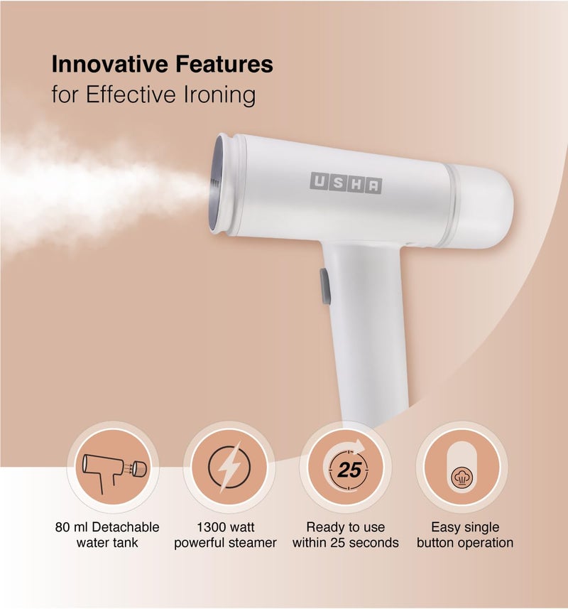 Usha Techne Direct 500, 1300Watt Garment Steamer for Powerful Vertical Steaming | Powerful Steam Output Upto 20gm/min | 80ml Water Tank Capacity | Light Weight & Portable | 2 Years Warranty | (White) - Image 5