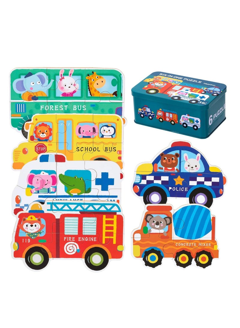 6 Packs Vehicle Jigsaw Puzzle Toy Varying Degree of Difficulty Educational Learning Tool with Storage Box Traveling Games Gift for 3 Year Old Girls Boys Toddler Children - Image 1