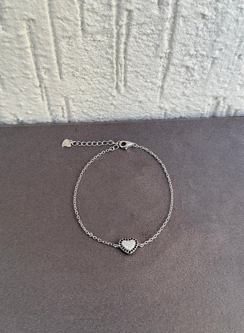 Al Kasr Jewelry Black Heart Bracelet - Sterling Silver 925 - Adjustable Size - Plated Rhodium White Gold 18K - Image 1