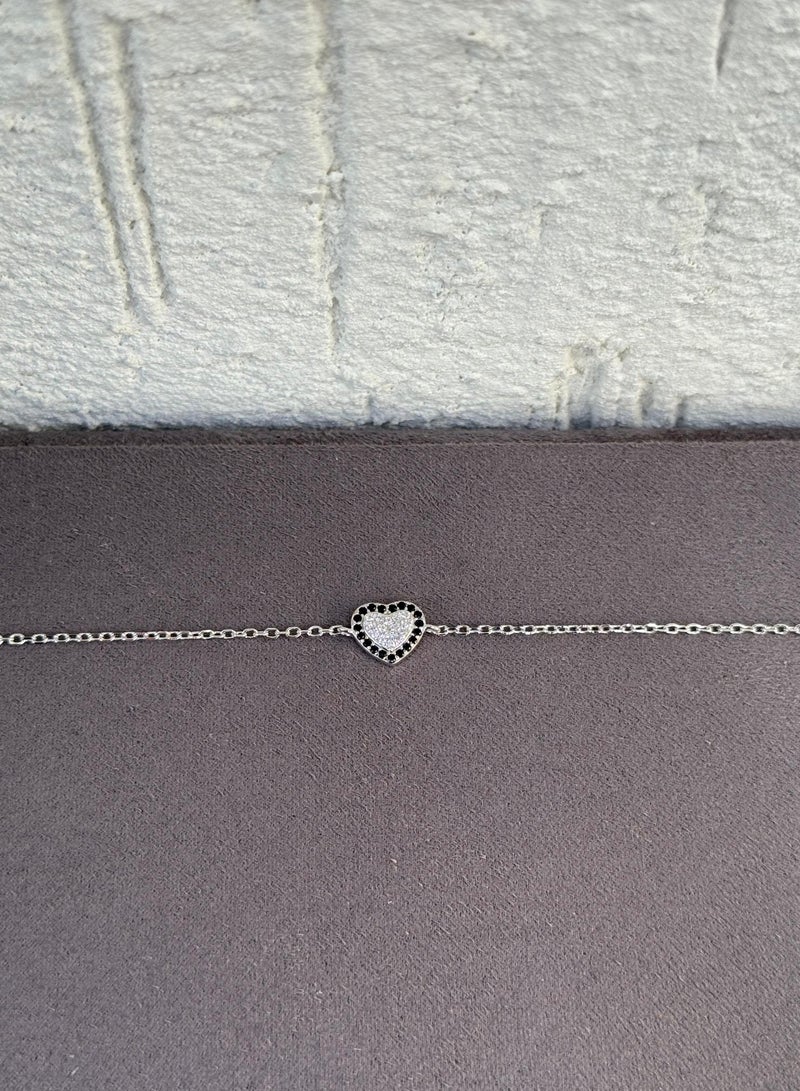 Al Kasr Jewelry Black Heart Bracelet - Sterling Silver 925 - Adjustable Size - Plated Rhodium White Gold 18K - Image 2