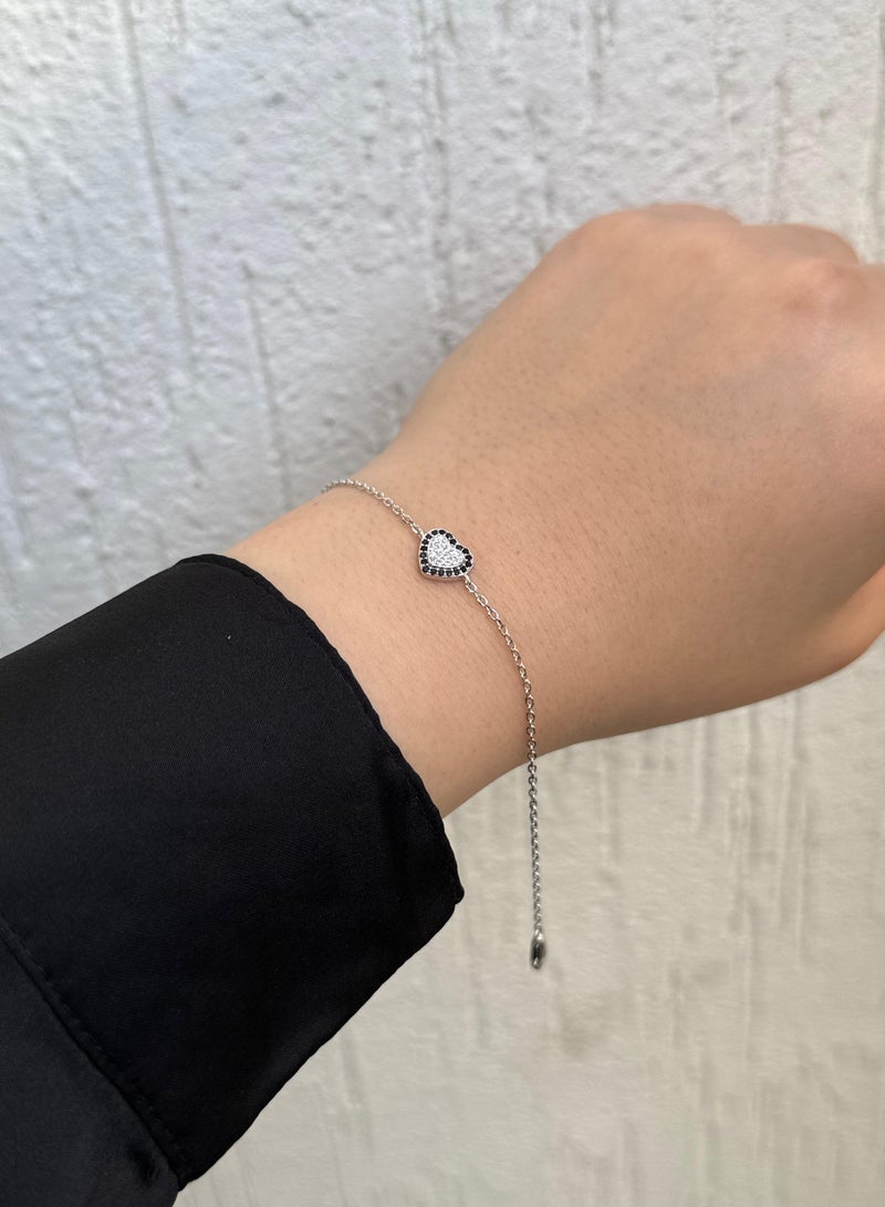 Al Kasr Jewelry Black Heart Bracelet - Sterling Silver 925 - Adjustable Size - Plated Rhodium White Gold 18K - Image 3
