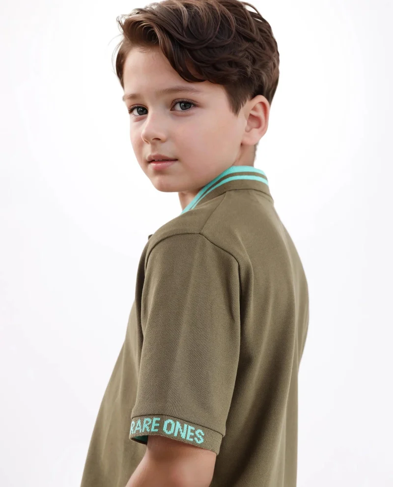 رير ونز Rare Ones Kids Keef Olive Cotton Fabric Short Sleeve Contrasting Collar Solid Polo