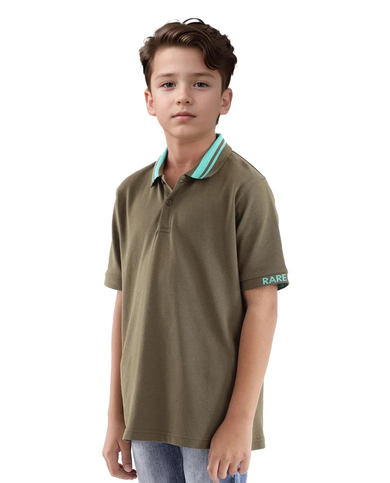 رير ونز Rare Ones Kids Keef Olive Cotton Fabric Short Sleeve Contrasting Collar Solid Polo