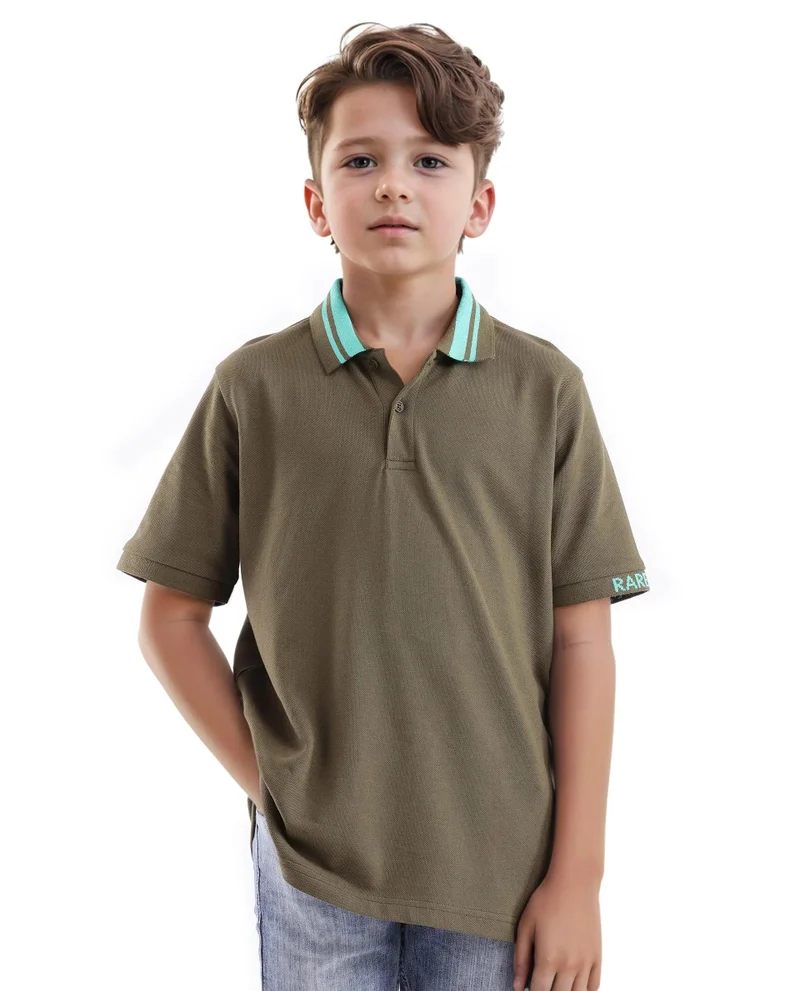 رير ونز Rare Ones Kids Keef Olive Cotton Fabric Short Sleeve Contrasting Collar Solid Polo
