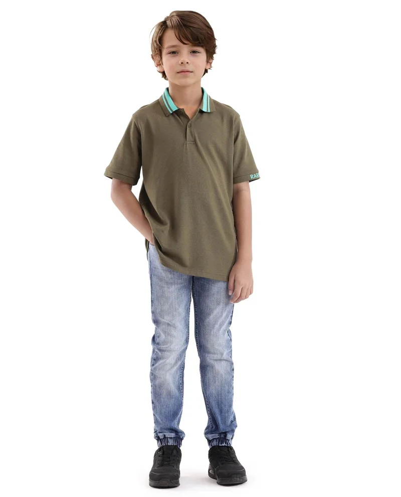رير ونز Rare Ones Kids Keef Olive Cotton Fabric Short Sleeve Contrasting Collar Solid Polo