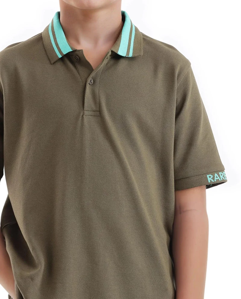 رير ونز Rare Ones Kids Keef Olive Cotton Fabric Short Sleeve Contrasting Collar Solid Polo