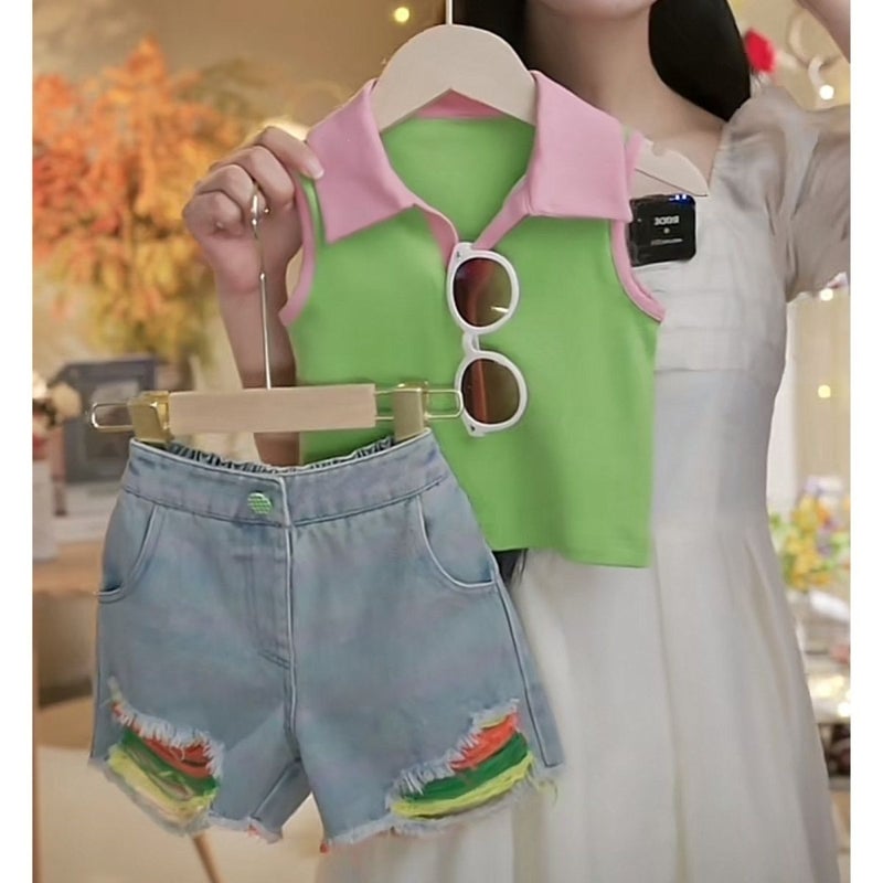 Girls'' Summer Vest Set, New Korean Style, Fashionable and Versatile, Ripped Denim Shorts, Summer Fashion Trend - Image 3