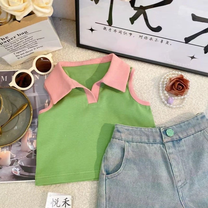 Girls'' Summer Vest Set, New Korean Style, Fashionable and Versatile, Ripped Denim Shorts, Summer Fashion Trend - Image 1