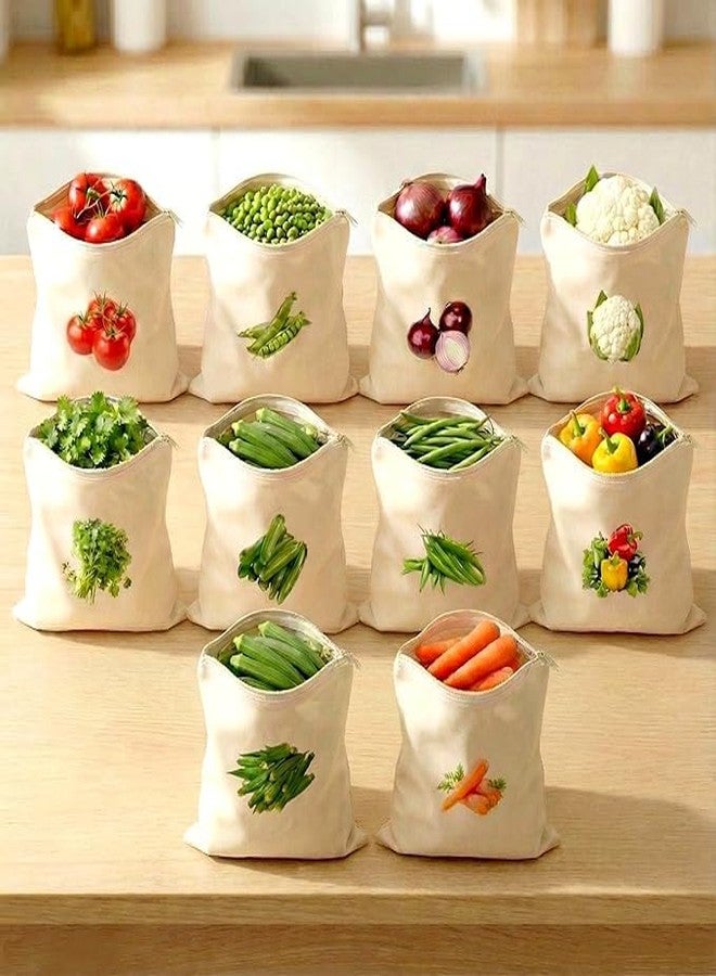 MSclassy Reusable Vegetable Storage Bags, Cotton, Zipper Closure, Kitchen Produce Organiser, Set of 10 - Image 1