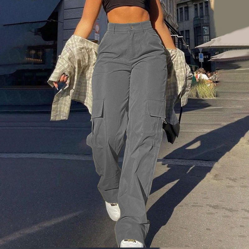 Women's Street Style Multi-Pocket Cargo Straight Leg Pants High Waist Loose Fit Trousers