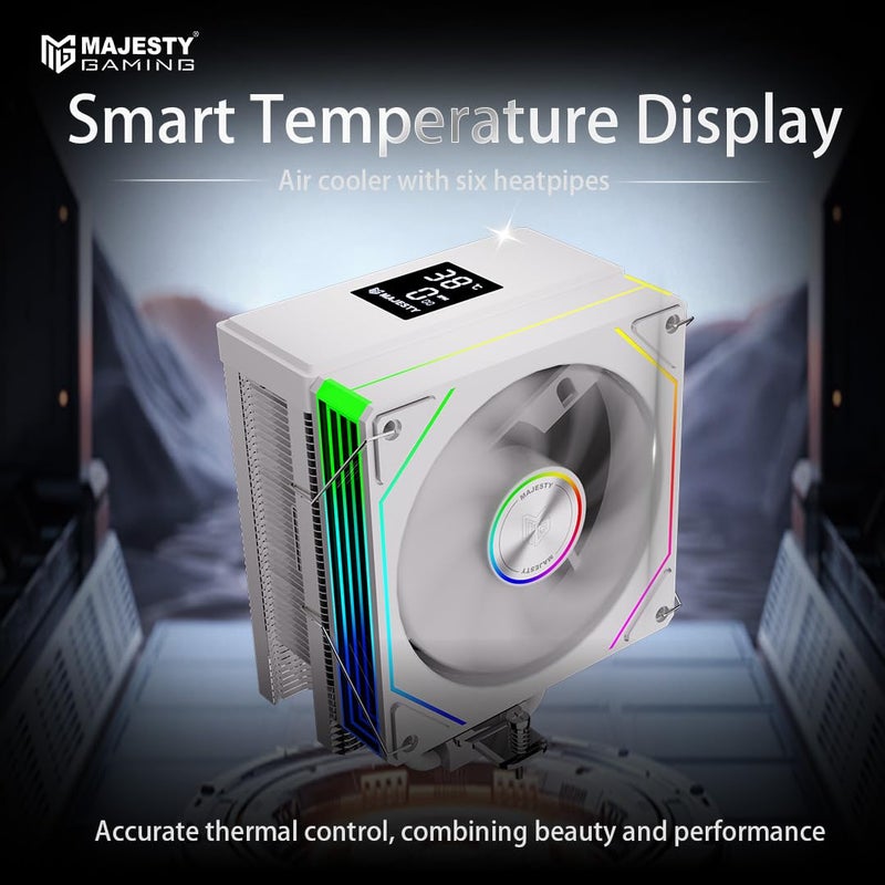 Majesty CPU Air Cooler | 6 Heat Pipes | Digital Display | 120MM Hydraulic ARGB Fan | Low Noise 30dBA | 220W Dissipation Capacity | Intel & AMD Compatible | White - Image 2