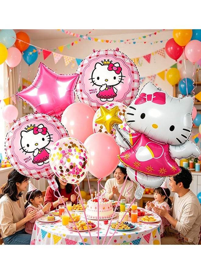 Hello Kitty Birthday balloon set, a total of 9 Hello Kitty-themed balloons, including one pink Hello Kitty balloon holding a magic wand - Image 2