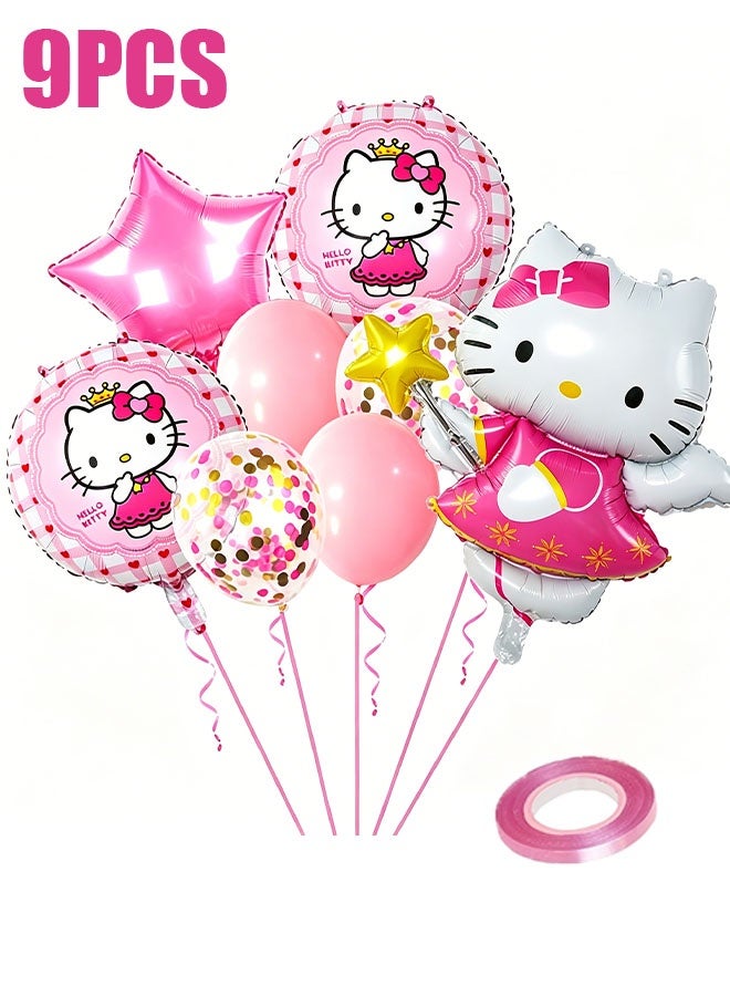 Hello Kitty Birthday balloon set, a total of 9 Hello Kitty-themed balloons, including one pink Hello Kitty balloon holding a magic wand - Image 1