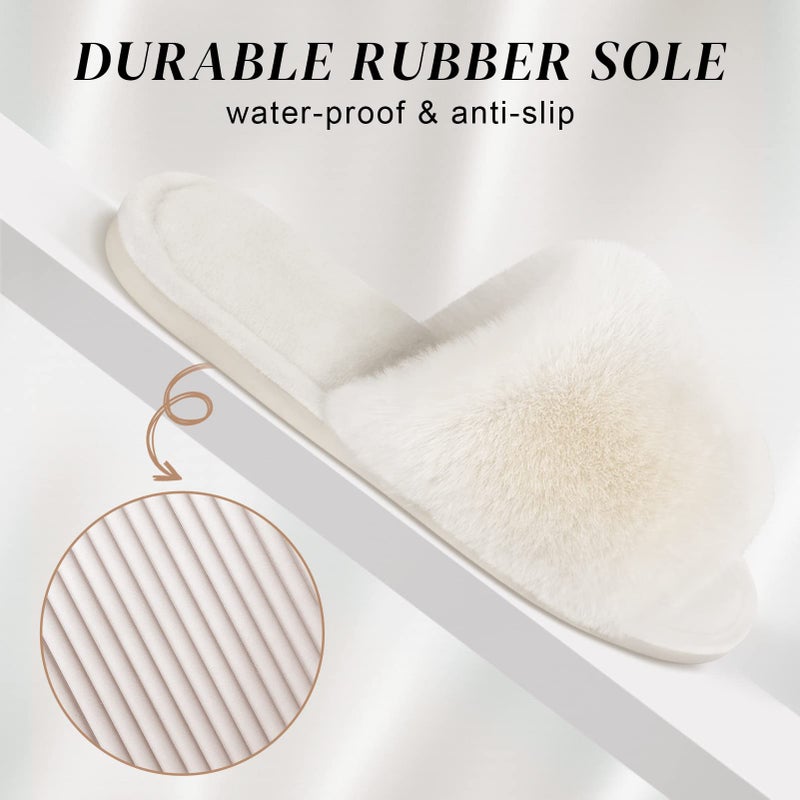 Parlovable Women's Faux Fur Slippers Fuzzy Flat Spa Fluffy Open Toe House Shoes Indoor Outdoor Slip on Memory Foam Slide Sandals Cream 5-6 - Image 2