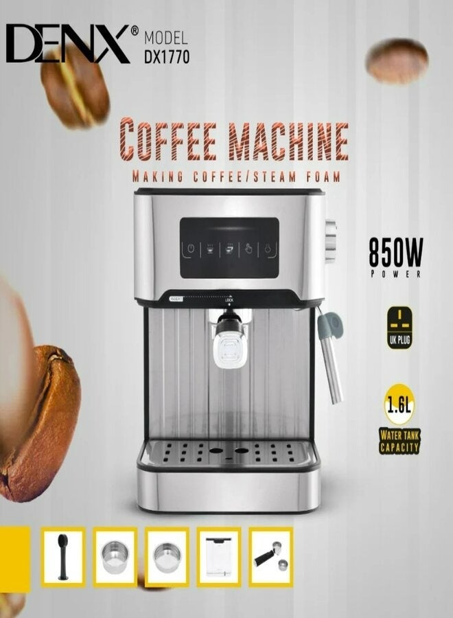 Denx Espresso and Cappuccino Coffee Maker with Touch Screen, Power of 850 Watts and Capacity of 1.6 Liters, Steel - DX1770 - Image 2