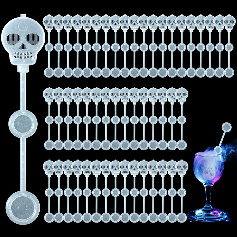 Potchen 50 Pcs Halloween Dry Ice Swizzle Sticks, Skull Shape Plastic Stir Sticks Glow in the Dark Cocktail Beverage Drink Stirrers for Smokey Drinks Coffee Mix Home Bar Party Decoration - Image 1