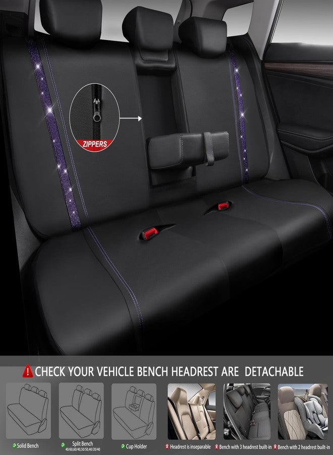 CAR PASS Bling Car Seat Covers Full Set, Shining Rhinestone Diamond Waterproof Faux Leather, Rear with Zipper, Universal Fit 95% Automotive Glitter Crystal Sparkle Strips for Cute Women Girl, Purple - Image 4