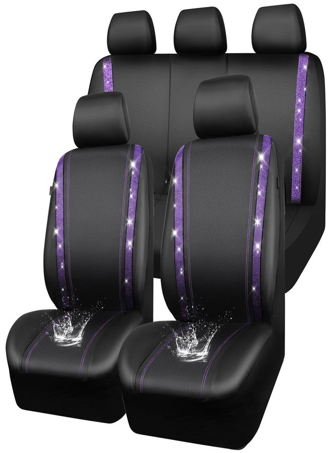 CAR PASS Bling Car Seat Covers Full Set, Shining Rhinestone Diamond Waterproof Faux Leather, Rear with Zipper, Universal Fit 95% Automotive Glitter Crystal Sparkle Strips for Cute Women Girl, Purple - Image 1