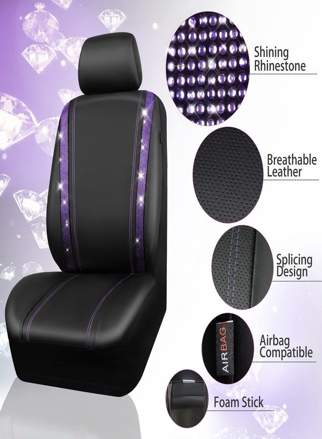 CAR PASS Bling Car Seat Covers Full Set, Shining Rhinestone Diamond Waterproof Faux Leather, Rear with Zipper, Universal Fit 95% Automotive Glitter Crystal Sparkle Strips for Cute Women Girl, Purple - Image 3