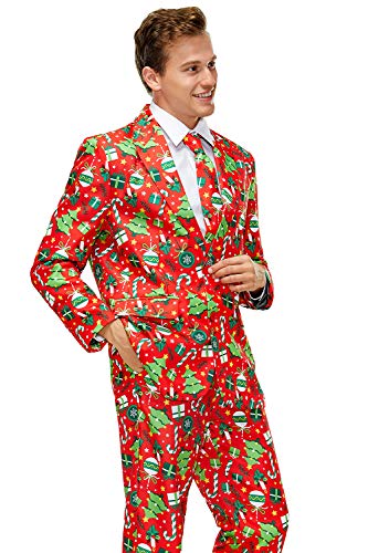 U LOOK UGLY TODAY Men's Christmas Party Suit Funny Costume Novelty Xmas Jacket Trousers with Tie Rocking Festive Flourishes in Red X-Large - Image 3