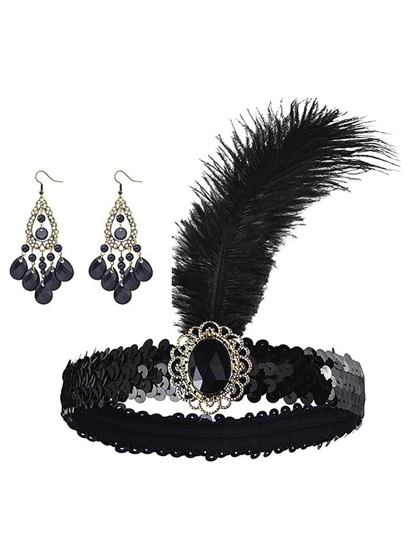 مجموعة إكسسوارات Great Gatsby من عشرينيات القرن العشرين، مجموعة ذات طابع عتيق مع عصابة رأس وقطعة رأس وقفازات وأقراط وقلادة وسوار، 8 قطع - Image 3