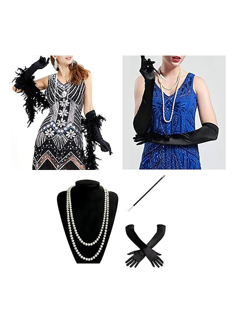 مجموعة إكسسوارات Great Gatsby من عشرينيات القرن العشرين، مجموعة ذات طابع عتيق مع عصابة رأس وقطعة رأس وقفازات وأقراط وقلادة وسوار، 8 قطع - Image 5