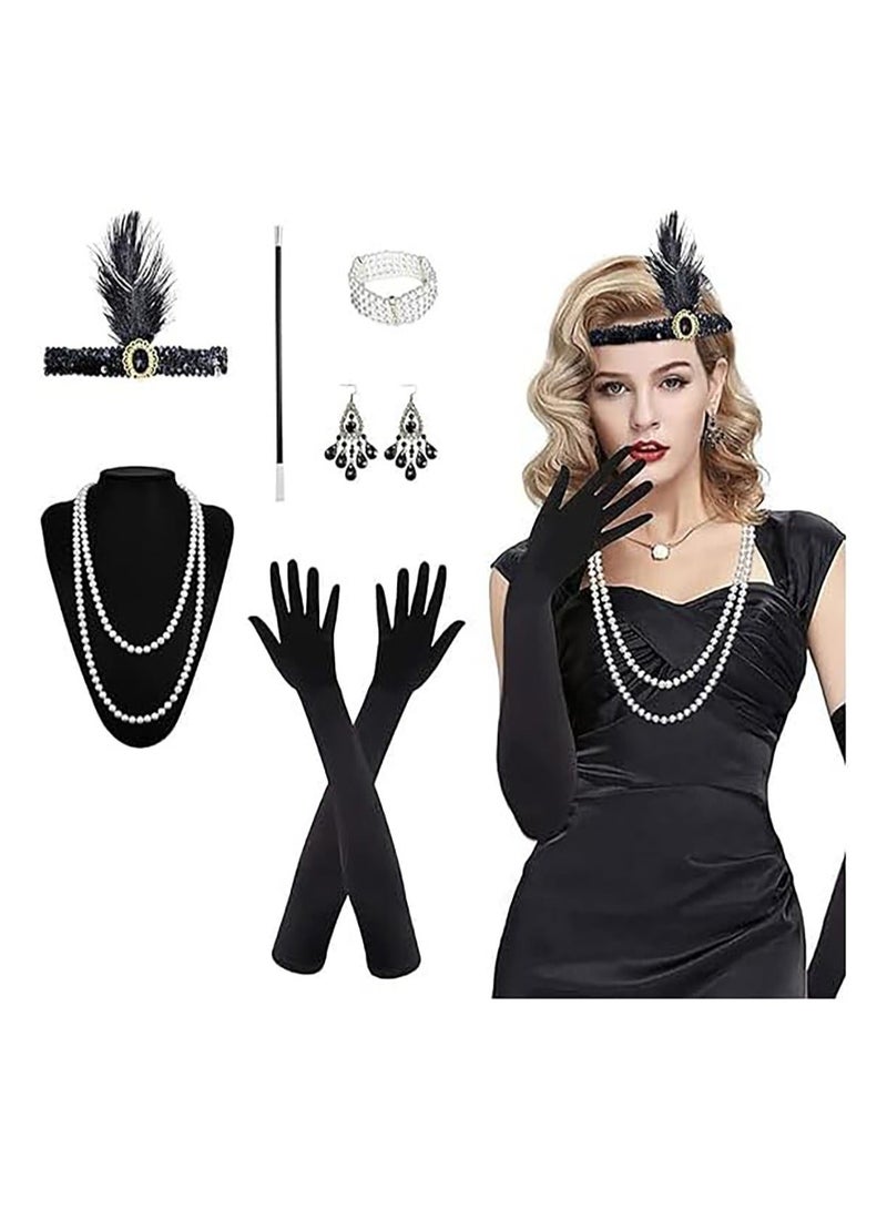 مجموعة إكسسوارات Great Gatsby من عشرينيات القرن العشرين، مجموعة ذات طابع عتيق مع عصابة رأس وقطعة رأس وقفازات وأقراط وقلادة وسوار، 8 قطع - Image 1