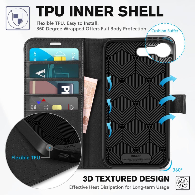TUCCH Wallet Case for iPhone 17e/16e, [RFID Blocking] 4 Card Holder Kickstand [Shockproof TPU Inner Case] PU Leather Magnetic Closure Protective Cover for iPhone 17e 2026/16e 2025 6.1", Black - Image 5