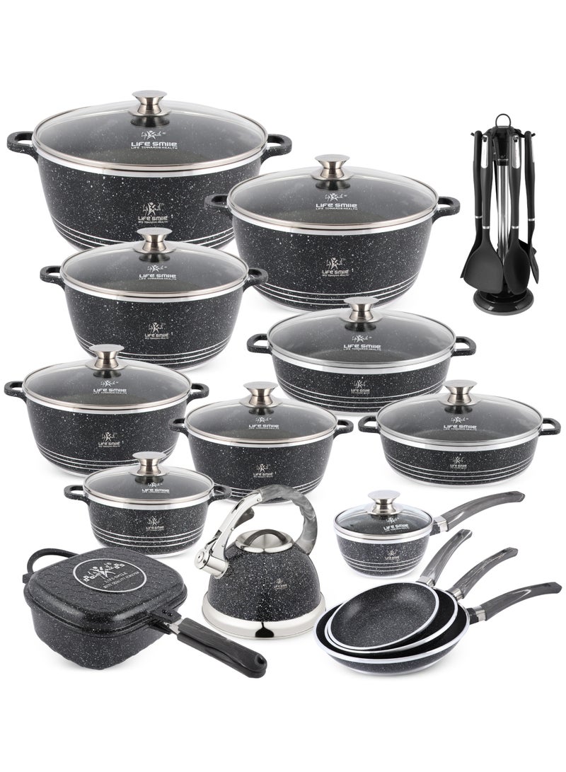 Life Smile 31pcs Nonstick Granite Cookware Set – Premium Non Stick Cookwares, Kitchen Cooking Pots & Soup Pots | Induction Base Pots & Pans Set | Casseroles (20/24/28/32/36/40cm) with Lids, 28/32cm Shallow Pots, 30cm Double Grill Pan, 1.3L Sauce Pan, 3.0L Whistling Kettle, Frying Pans (20/24/28cm) & Silicone Kitchen Spoons with Stand - Image 1