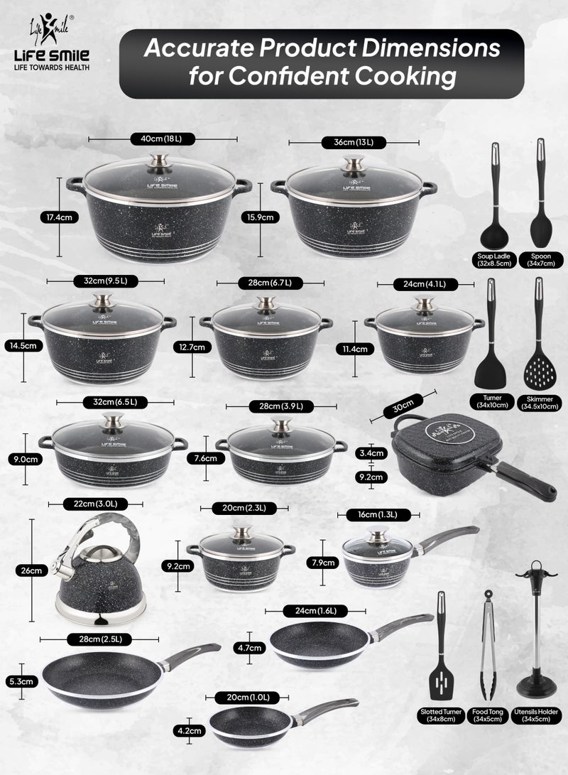 Life Smile 31pcs Nonstick Granite Cookware Set – Premium Non Stick Cookwares, Kitchen Cooking Pots & Soup Pots | Induction Base Pots & Pans Set | Casseroles (20/24/28/32/36/40cm) with Lids, 28/32cm Shallow Pots, 30cm Double Grill Pan, 1.3L Sauce Pan, 3.0L Whistling Kettle, Frying Pans (20/24/28cm) & Silicone Kitchen Spoons with Stand - Image 3