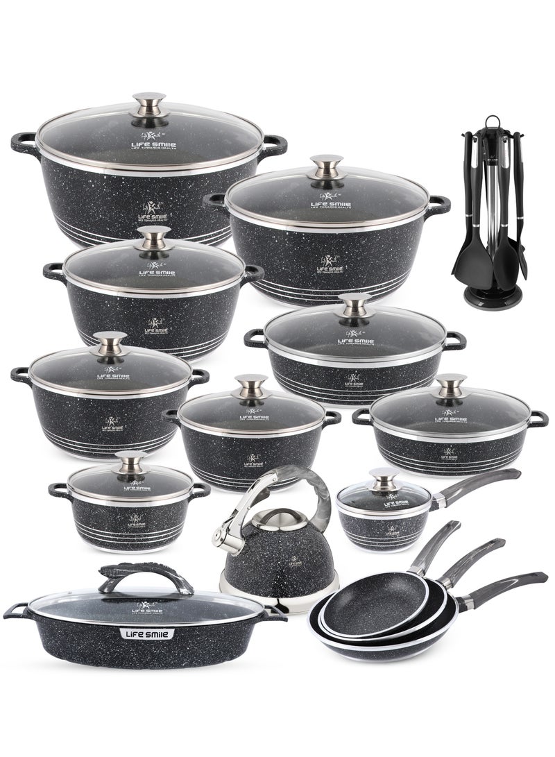 Life Smile 31pcs Nonstick Granite Cookware Set – Premium Non Stick Cookwares, Kitchen Cooking Pots & Soup Pots | Pots & Pans Set | Casseroles (20/24/28/32/36/40cm) with Lids, 28/32cm Shallow Pots, Fish Pan, 1.3L Sauce Pan, 3.0L Whistling Kettle, Frying Pans (20/24/28cm) & Silicone Kitchen Spoons with Stand - Image 1