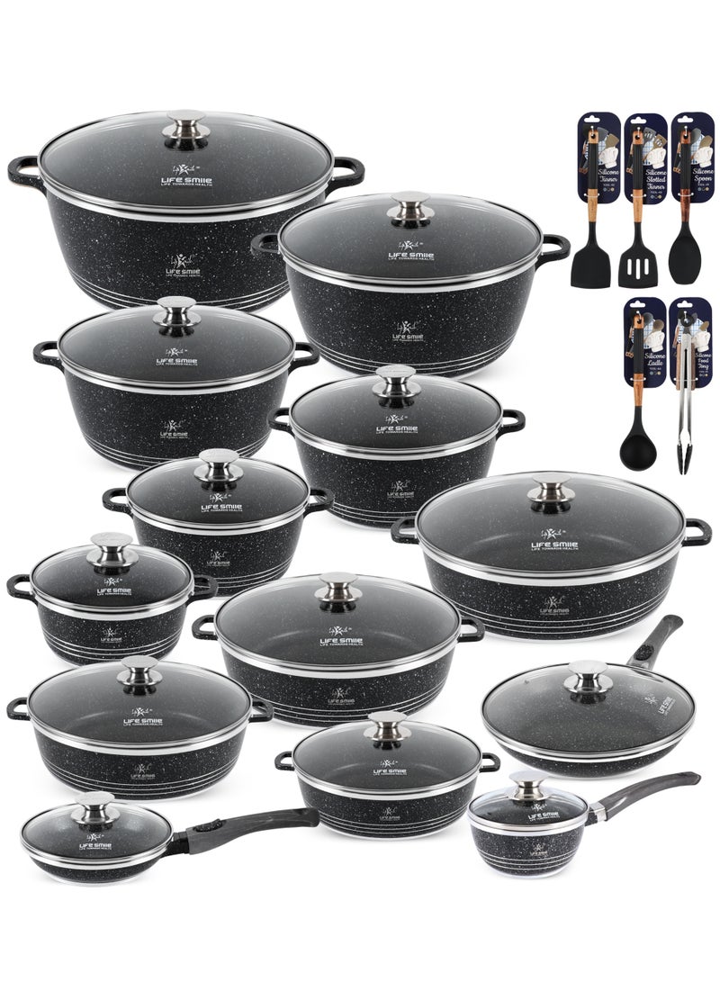لايف سمايل طقم أواني طهي جرانيت غير لاصق 31 قطعة – أواني طهي ممتازة غير لاصقة، قدور طبخ وقدور شوربة | طقم قدور ومقالي | كسرولات (20/24/28/32/36/40 سم) مع أغطية، قدور ضحلة 24/32/36/40 سم، قدر صلصة 16 سم، مقالي قلي (20/28 سم) وملاعق مطبخ سيليكون. - Image 1