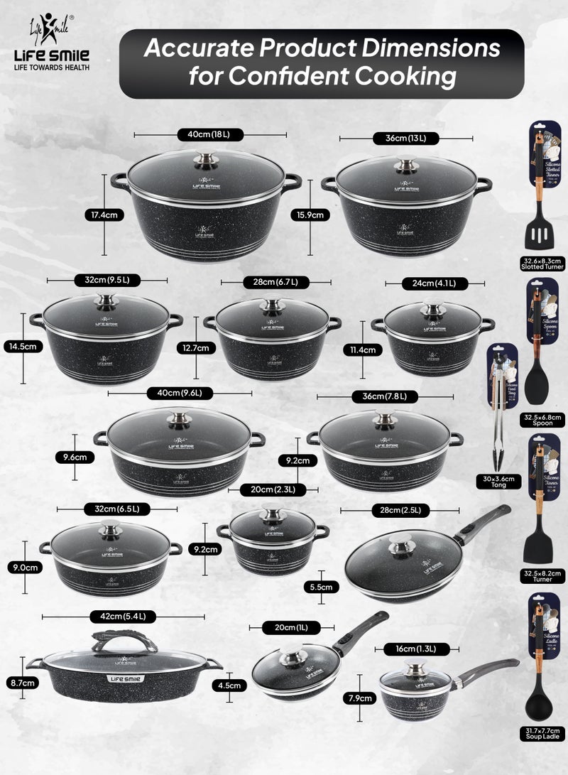 Life Smile 31PCS Nonstick Granite Cookware Set with Lids – Pots and Pans Set, Casserole Pots, Soup Pots, Shallow Pots, Frying Pans & Saucepan, Kitchen Cooking Set with Silicone Utensils - Image 3