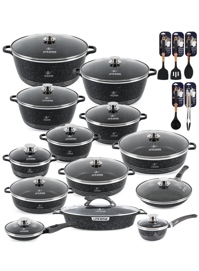 Life Smile 31PCS Nonstick Granite Cookware Set with Lids – Pots and Pans Set, Casserole Pots, Soup Pots, Shallow Pots, Frying Pans & Saucepan, Kitchen Cooking Set with Silicone Utensils - Image 1