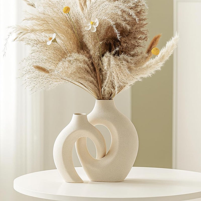 XTORE Ceramic Vase | Nordic Modern Boho Inspired Style Decorative Ceramic Aesthetic Flower Vase for Home Decor - (Set of 2, Natural Brown) - Image 1