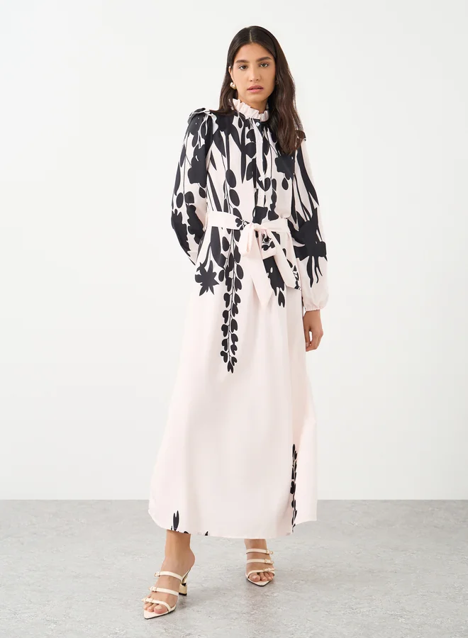 Take Two Take Two Women Printed Belted Waist A-Line Maxi Dress with Button Front
