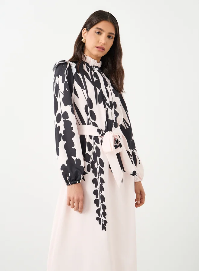 تايك تو Take Two Women Printed Belted Waist A-Line Maxi Dress with Button Front