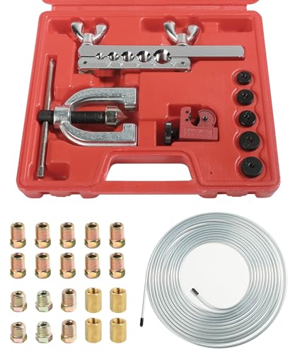 SUJADE YAKEFLY 25 ft 3/16 Copper Coated Brake Line Kit with 16 Fittings and 4 Unions Brake Line Fittings,Brake Line Double & Single Flaring Tool Kit,Fits for Most Hydraulic Braking Systems (Silver) - Image 1