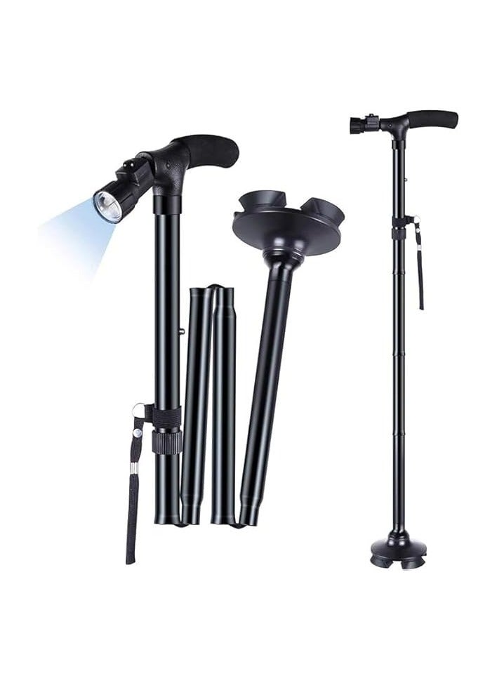 Green Tiger Cane Adjustable Folding Walking Cane with LED Flashlight 4 Non-slip Support Feet and Wrist Strap T Handle Suitable Elderly Safety, Ultralight for Hiking,Camping - Image 1
